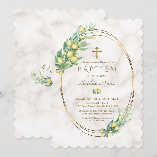 Charm Lemon geeft marmer Gold Cross-Baptisme Kaart (Voorkant / Achterkant)