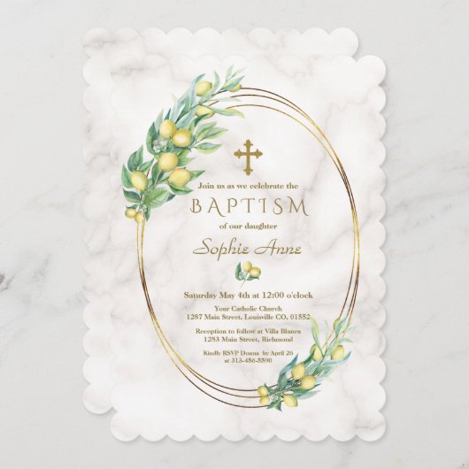 Charm Lemon Vruchten Marmer Goud Kruik Doop Kaart (Voorkant / Achterkant)