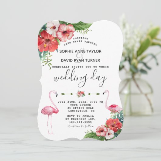 Charm Luau Flamingo Tropisch Bloem Bruiloft Kaart (Staand voorkant)