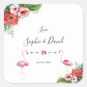 Charm Luau Flamingo Tropisch Bloem Bruiloft Vierkante Sticker