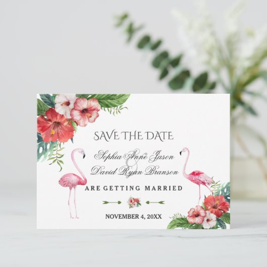 Charm Luau Flamingo Tropisch Bloemmotief Save The Save The Date (Staand voorkant)