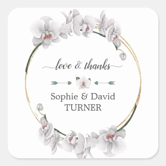 Charm Luau Waterverf Witte Orchidee Gouden Bruilof Vierkante Sticker (Voorkant)