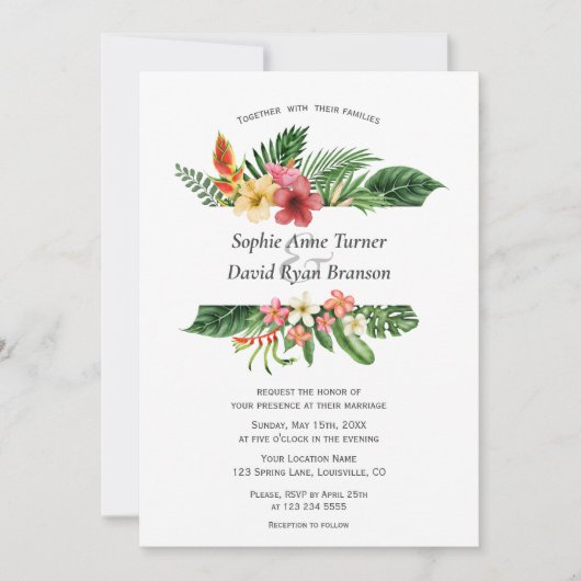 Charm Lush Tropical Flowers Leaves Lijst Wedding Kaart (Voorkant)