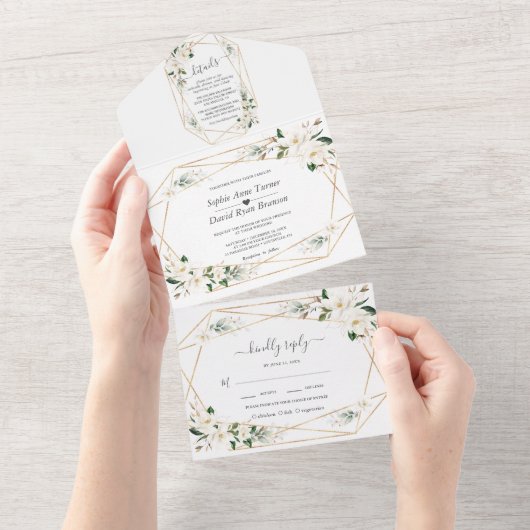 Charm Magnolia Flowers Roos Gold Wedding All In One Uitnodiging (Afscheurbaar)