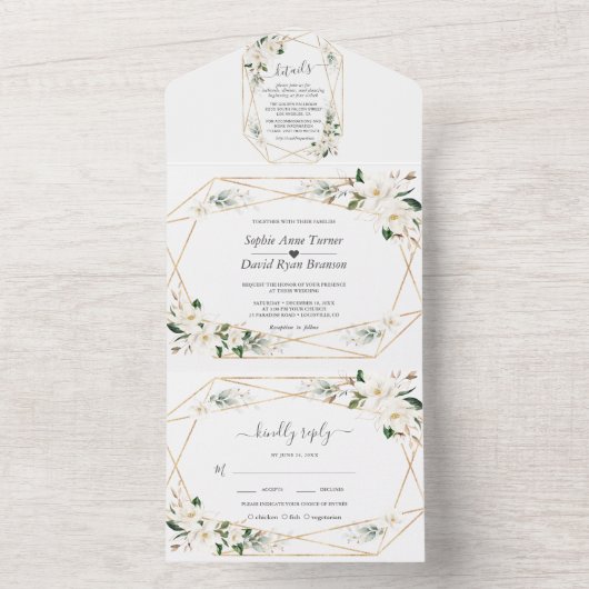 Charm Magnolia Flowers Roos Gold Wedding All In One Uitnodiging (Binnen)