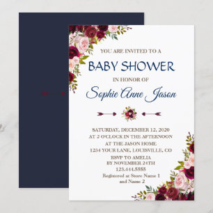 Charm Marsala Floral Herfst Navy Blue Baby shower Kaart