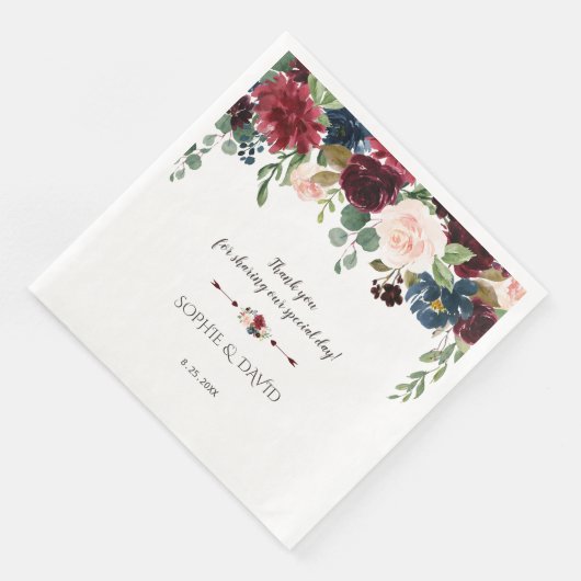 Charm Merlot Navy Blauw Bloem Bruiloft Servet (Hoek)