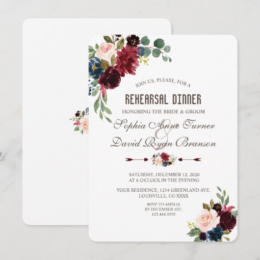 Charm Merlot Navy Blauw Bloemendiner voor de Rehea Kaart (Voorkant / Achterkant)