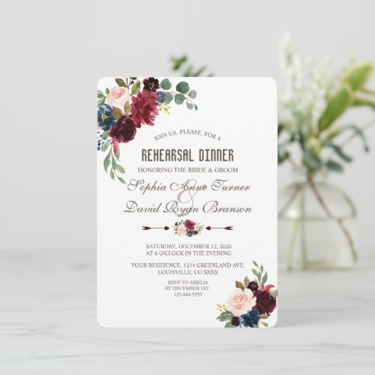 Charm Merlot Navy Blauw Bloemendiner voor de Rehea Kaart (Staand voorkant)