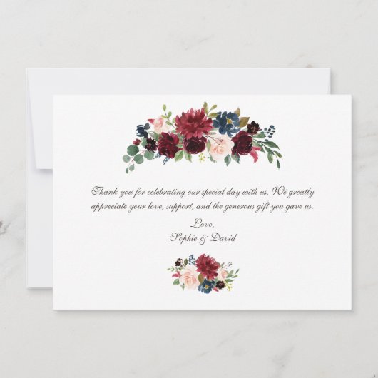 Charm Merlot Navy Blauwe Bloemen Bruiloft Dank je Kaart (Achterkant)