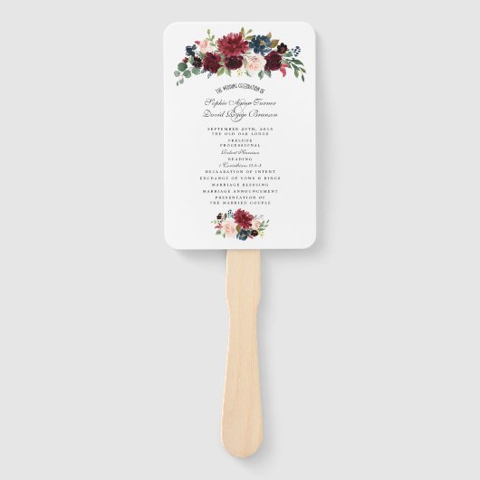 Charm Merlot Navy Blue Floral Wedding Programme Handwaaier (Voorkant)
