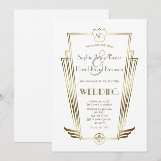 Charm Monogram Gold Art Deco White Wedding Kaart (Voorkant / Achterkant)