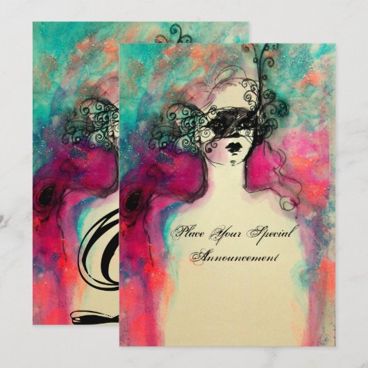 CHARM MONOGRAM , Sweet 16 Masquerade Party Kaart (Voorkant / Achterkant)