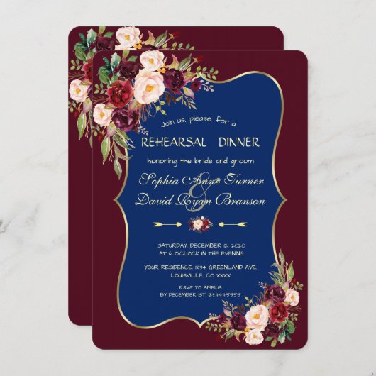 Charm Navy Blauwe Bordeaux Bloemenkleed Proefavond Kaart (Voorkant / Achterkant)