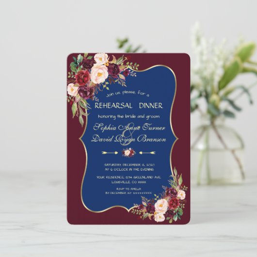 Charm Navy Blauwe Bordeaux Bloemenkleed Proefavond Kaart (Staand voorkant)
