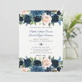 Charm Navy Blue Blush Floral Bloom Wedding Kaart (Staand voorkant)