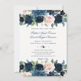 Charm Navy Blue Blush Floral Bloom Wedding Kaart
