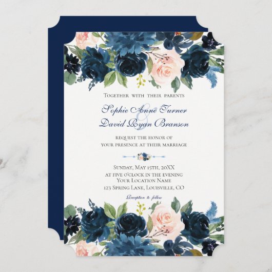 Charm Navy Blue Blush Floral Bloom Wedding Kaart (Voorkant / Achterkant)