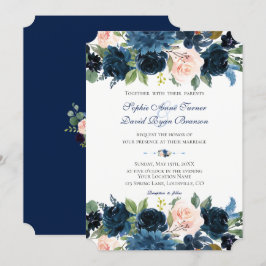 Charm Navy Blue Blush Floral Bloom Wedding Kaart