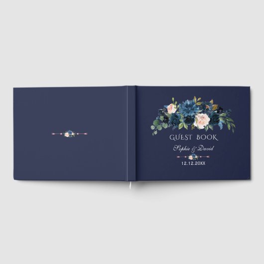 Charm Navy Blue Blush Flowers Bloom Wedding Gastenboek (Volledig)