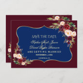Charm Navy Blue Burgundy Floral Gold Save the Date (Voorkant / Achterkant)
