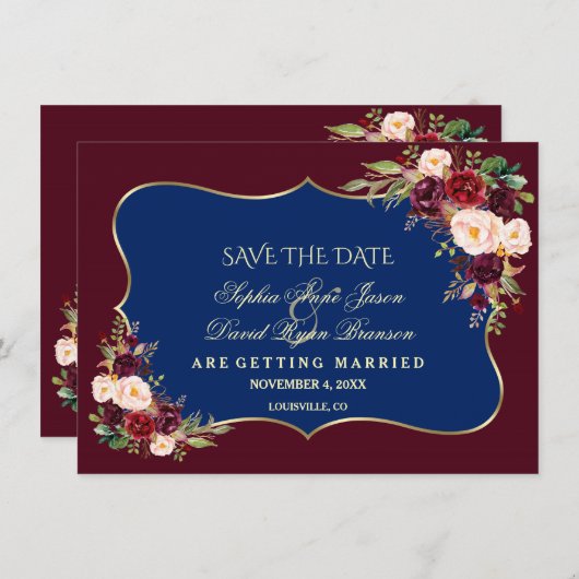Charm Navy Blue Burgundy Floral Gold Save the Date (Voorkant / Achterkant)