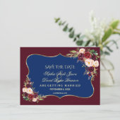 Charm Navy Blue Burgundy Floral Gold Save the Date (Staand voorkant)