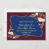 Charm Navy Blue Burgundy Floral Gold Save the Date (Voorkant)