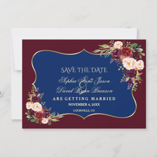 Charm Navy Blue Burgundy Floral Gold Save the Date (Voorkant)