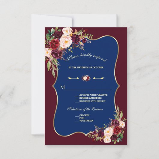 Charm Navy Blue Burgundy Floral Gold Wedding RSVP (Voorkant)