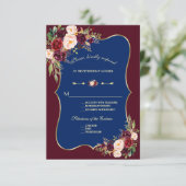 Charm Navy Blue Burgundy Floral Gold Wedding RSVP (Staand voorkant)