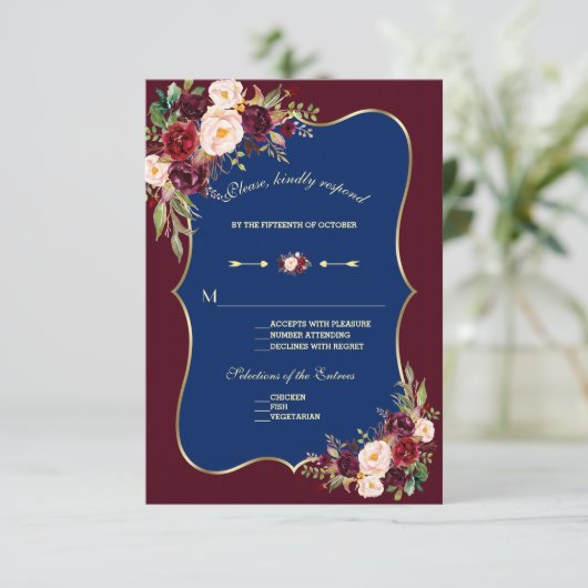 Charm Navy Blue Burgundy Floral Gold Wedding RSVP (Staand voorkant)