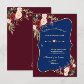 Charm Navy Blue Burgundy Floral Gold Wedding RSVP (Voorkant / Achterkant)