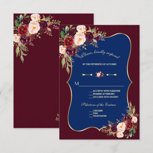 Charm Navy Blue Burgundy Floral Gold Wedding RSVP (Voorkant / Achterkant)