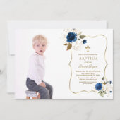 Charm Navy Blue Floral Gold Boy Foto Baptisme Kaart (Voorkant)