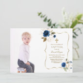 Charm Navy Blue Floral Gold Boy Foto Baptisme Kaart (Staand voorkant)