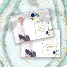 Charm Navy Blue Floral Gold Boy Foto Baptisme Kaart
