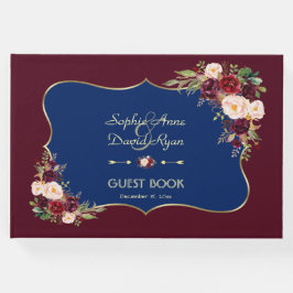 Charm Navy Blue Gold Burgundy Floral Wedding Gastenboek