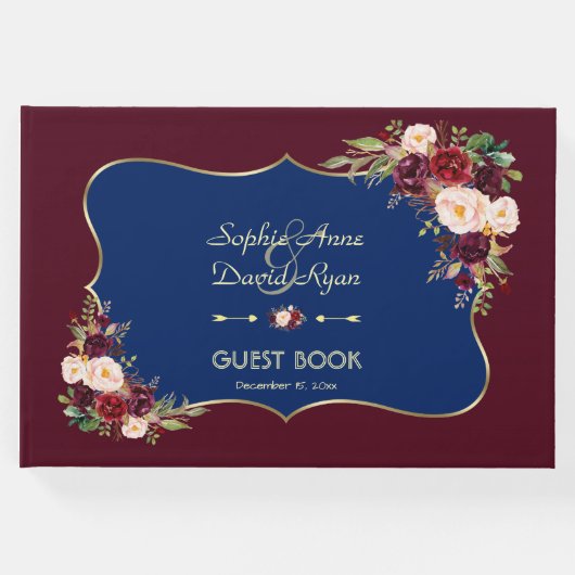 Charm Navy Blue Gold Burgundy Floral Wedding Gastenboek (Voorkant)