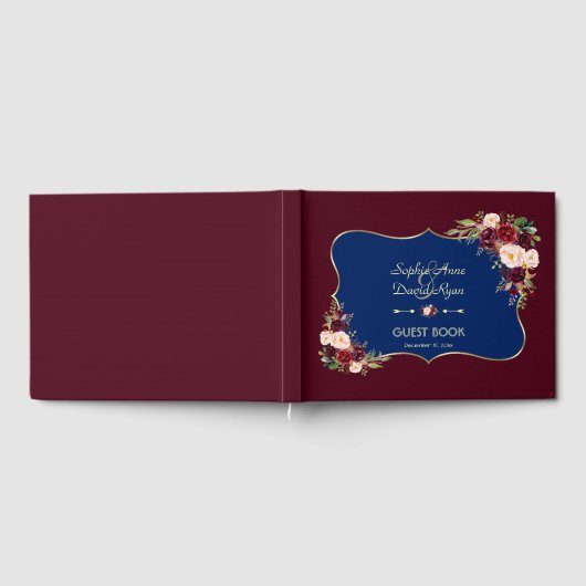 Charm Navy Blue Gold Burgundy Floral Wedding Gastenboek (Volledig)