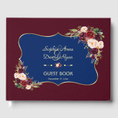 Charm Navy Blue Gold Burgundy Floral Wedding Gastenboek (Voorkant)