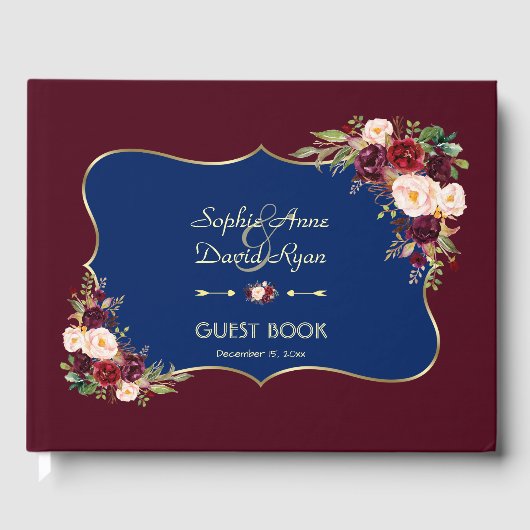 Charm Navy Blue Gold Burgundy Floral Wedding Gastenboek (Voorkant)