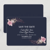 Charm Navy Blue Maroon Boho Floral Save the Date (Voorkant / Achterkant)
