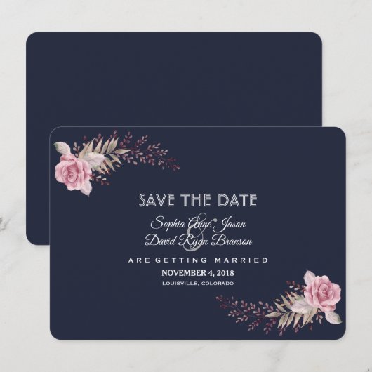 Charm Navy Blue Maroon Boho Floral Save the Date (Voorkant / Achterkant)