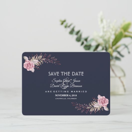 Charm Navy Blue Maroon Boho Floral Save the Date (Staand voorkant)