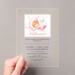 Charm Over The Moon Girl Calligrafie Baby shower Acryl Uitnodigingen