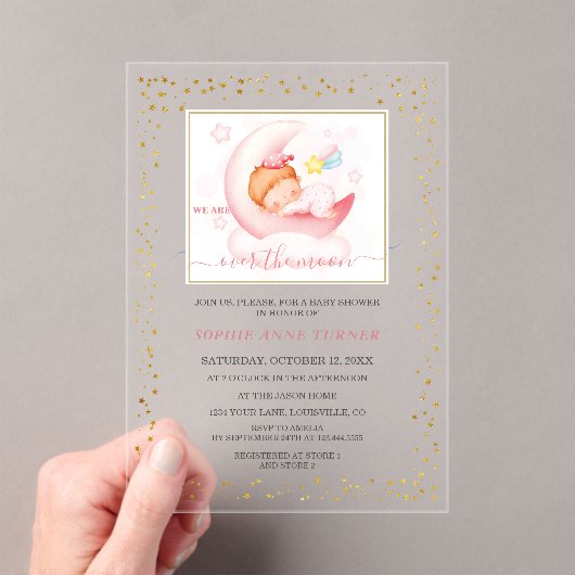 Charm Over The Moon Girl Calligrafie Baby shower Acryl Uitnodigingen (Insitu (Draagbaar))