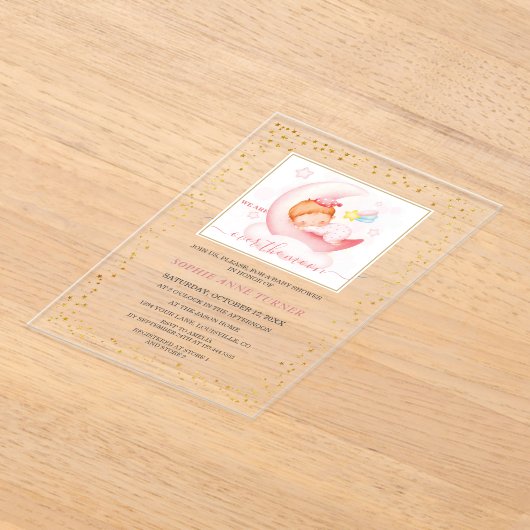 Charm Over The Moon Girl Calligrafie Baby shower Acryl Uitnodigingen (Laagn)