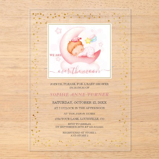 Charm Over The Moon Girl Calligrafie Baby shower Acryl Uitnodigingen (Voorkant)