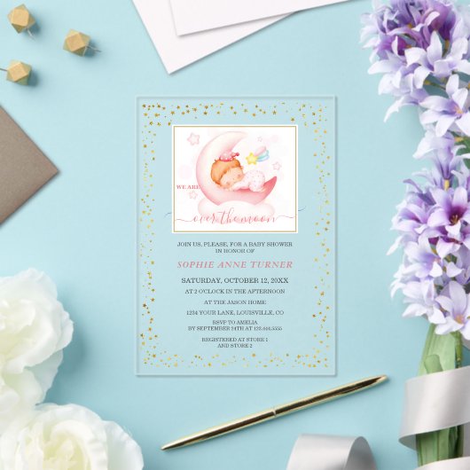 Charm Over The Moon Girl Calligrafie Baby shower Acryl Uitnodigingen (Insitu (Huwelijk))